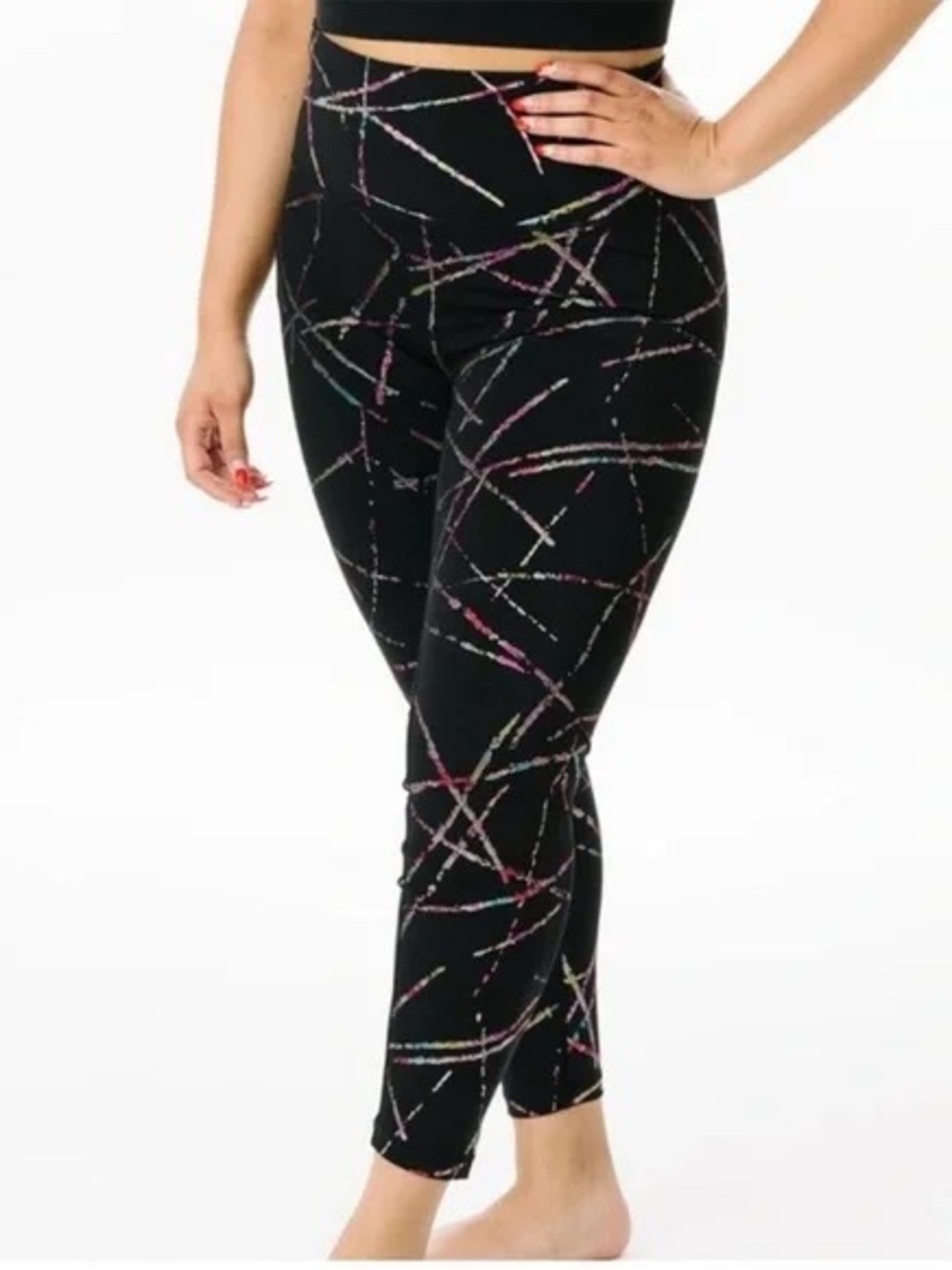 ZYIA Athletic Ankle Leggings Black w/ multi color metallic lines Women's Size 4